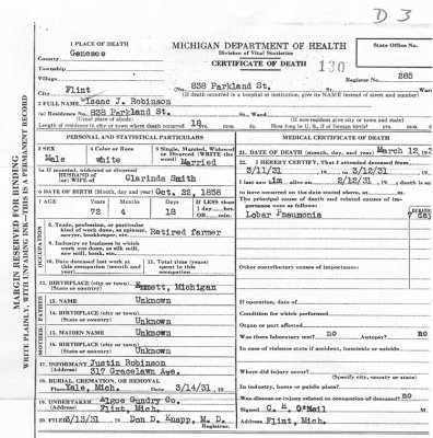 Above we can see a scanned image of the death certificate of Isaac Justin Robinson, listed here as Isaac J. It shows that he died at home of Lobar Pnuemonia. It also shows his wife's name as, Clarinda. The informant on the certificate was Isaac's youngest son, Justin Bernell Robinson.  