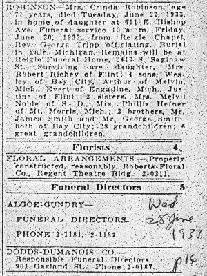 Above we can see a scanned image of the obituary printed in the Flint Daily Journal, Wednesday 28 June 1933, written for Mrs. Crinda Robinson.