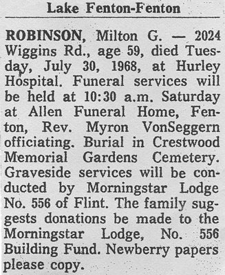 Above we can see a scanned image of a second obituary printed for, Milton George Robinson. 