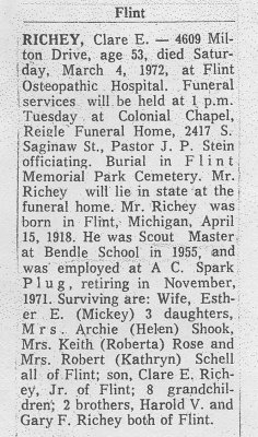 Above we can see a scanned image of an obituary printed for, Clare E. Richey. Clare was the eldest of three boys born to, Robert B. Richey and his wife, Edna L. [Robinson] Richey.