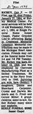Above we can see a scanned image of an obituary printed for, Guy F. Richey. It was printed in the Flint Journal, 31 January 1984. Guy was the youngest of three boys born to, Robert B. Richey and his wife, Edna L. [Robinson] Richey.