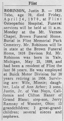 Shown above is the obituary printed for, Justin Bernell Robinson, in the Flint Journal, April 1970.