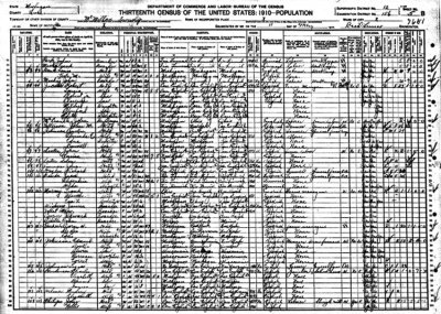 Above we can see a scanned image of the 1910 census of Brockway, St. Clair County, Michigan. To see the names more clearly, you'll probably need to save the image to your own computer and then enlarge to view.