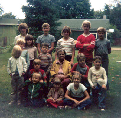 Here we can see, Tillie, surrounded by her great grandchildren. Thanks to, Sharolynn Ann [MACOMBER] Metternich, we can now identify the children in this picture. Top Row Standing, we see: Sharolynn Ann Macomber, Lawrence Stever II, Colleen Jocelle Macomber, Christopher Francis, and, Andrew Stever. Middle Row: Harold Everett Robinson III, Gretchen Suzanne Macomber, Justin Daniel Robinson, Othilla Tillie [HAHN] Robinson, Elsner, Kevin Francis, and, Roy Raymond Robinson II. Bottom Row: Amy Lynn Robinson, Thomas Harold Francis, David Arthur Robinson II, Gina Marie Francis, and Nicole Stever. This shot was taken in Newberry, 07 September 1981; the day of Salena's birth.