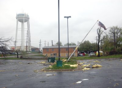 Here you can see the aftermath of two tornadoes that ripped trhough our small city early Friday morning. In the background is the Gladstone water tower.