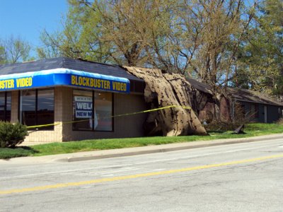 The roof on the local Block Buster was simply peeled away.