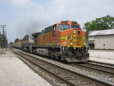 BNSF ower leads a CSX train at Fostoria OH.