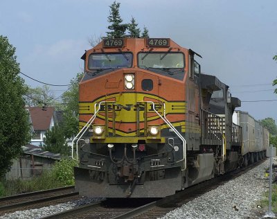 BNSF power leads an NS Roadrailer train at Fostoria OH.