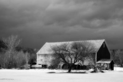 Wilmington, Vermont: Red Barn, Dark Sky, White Snow B&W
