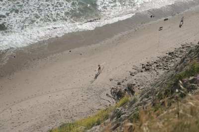 Naked Man building cabin on beach