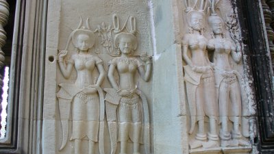 Carvings of celestial dancers (apsara) appear on almost every surface.