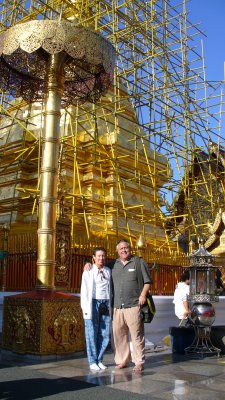 Wat Phrathat Doi Suthep -- the gold-plated chedi contains a relic of the Buddha.  Pierre had to borrow long pants.