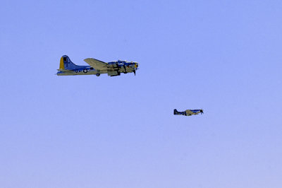 P51 Mustang, B17 Bomber in formation