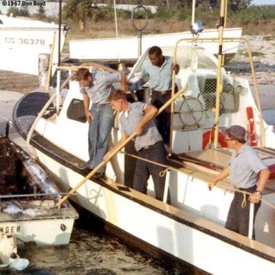 1967 - SN Bruce, EN3 Smith, BM3 Alfred Hill and SN Dennis Stuver onboard CG-40485 at CG Station Lake Worth Inlet , Peanut Island