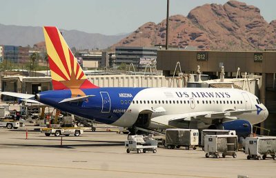US Airways Arizona special scheme parked at its gate in PHX