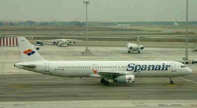 Spanair A-321 leaving its parking stand at BCN, Jan 2010