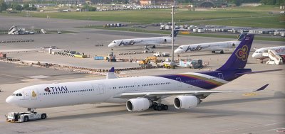 Thai A-340-600 at its parking stand at ZRH
