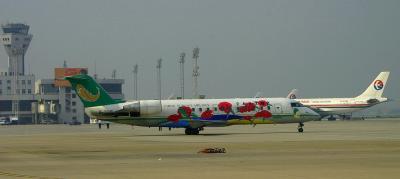 Colourful Yunnan Airline CRJ, brightened up an otherwise grey Shanghai sky, July, 2004