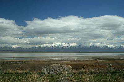 Snow covered mountains and Great Salt Lake