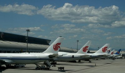 PEK terminal with the line up of the tails from various Chinese airlines