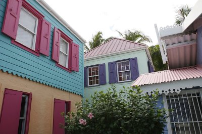 Colored buildings at Pussers Landing in the West End.  West End is popular with boaters.