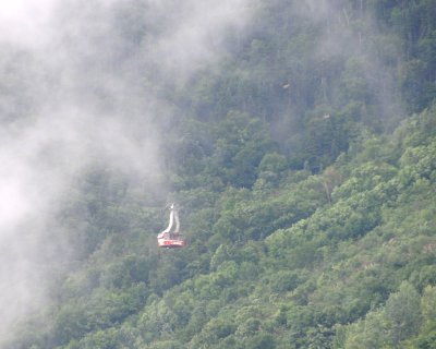 Canon Mountain Tram operating in the rain.