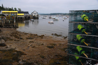 Bass Harbor and lobster traps at low tide