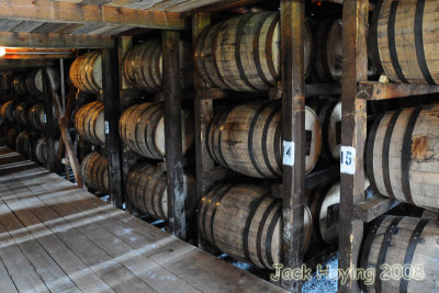 Barrels of Makers Mark in the aging barn
