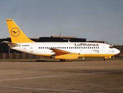 'Wolfsburg'. A trial colour scheme making its appearance at Gatwick in the late 80's.
There was only one other aircraft ever painted in this livery, an A310, 
but was never flown after painting at Hamburg-Finki-XFW.