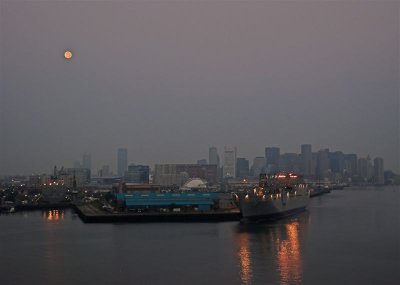 Moon set over Boston harbor