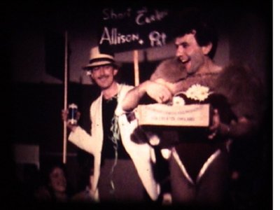 Antonello playing the BUNNY BOY for a show to the staff in 77. with Flint on stage