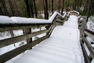 LOOKING DOWN OVER THE 200 STEPS IN OVER A FOOT OF SNOW