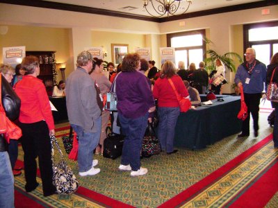 Second stop in the same room was waiting in line (as shown here) to sign up for the departure time the following day for the tour of TW's huge manufacturing plant in Hemingway (about 1.5 hours' drive away).  They had buses departing every 15 minutes from 7:45 - 10:00, with you choosing which one you wanted to be on.