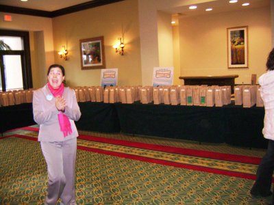 We get back to the resort and there are presents for everyone. Each one has a label with our name on the back side of it so we would get a specific bag.