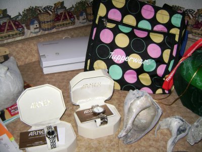 The women's watch was earned for stepping up to Star Manager; the men's watch was won in a drawing from a challenge my Director had put out to us that I met; the spotted Tupperware bag was also a gift from my Director for maintaining Manager.