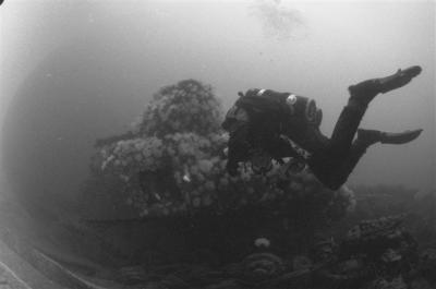 Jason approaching one of the upright Sherman-Grant tanks on the starboard bow