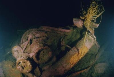 Cargo handling winches at the base of the forward mast