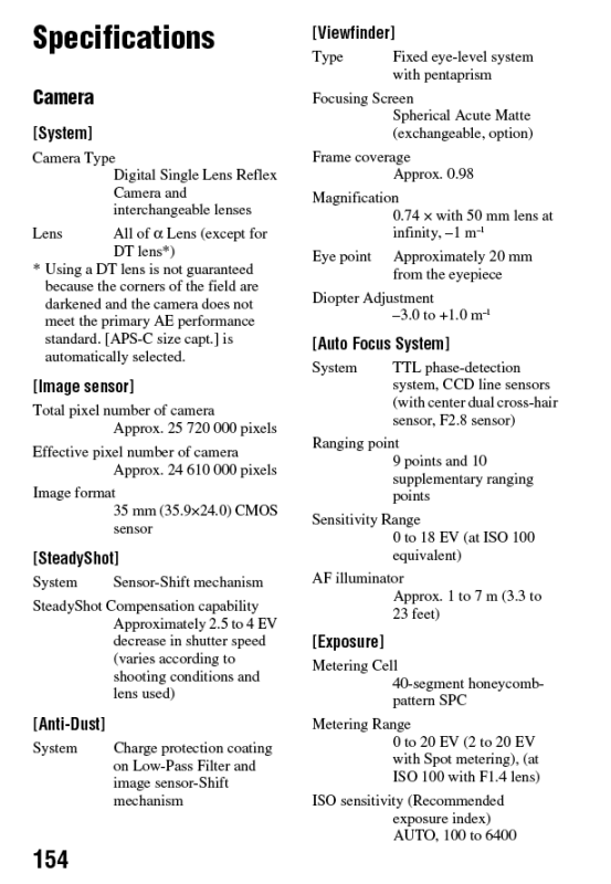 Sony Alpha 850 Specs