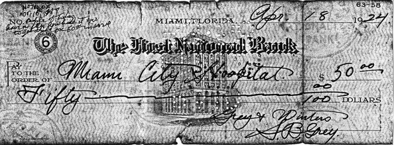 1924 - S. B. Greys check for $50 to Miami City Hospital for birth of his son Burl Grey