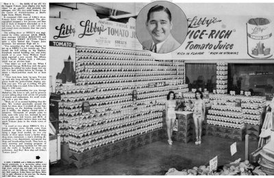 1950's - story about Jack High and the 1500 Libby Tomato Juice cans display at Shell's Super Store