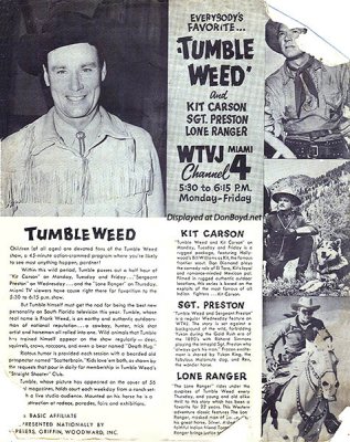 1950's - WTVJ Channel 4 ad for Tumbleweed package of western shows from 5:30pm to 6:15pm Monday through Friday
