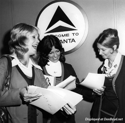 1972 - Delta stewardesses Susan Lowden (now Jacobs) from Miami and Hialeah, Debbie Booth and Cindy Rutherford at ATL airport