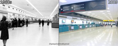 2009 - south end of terminal lobby from H to G (right) compared to original lobby from 1 to 2 (left)