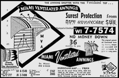 1957 - ad for Miami Ventilated Awnings, phone number WIlson 7-7574