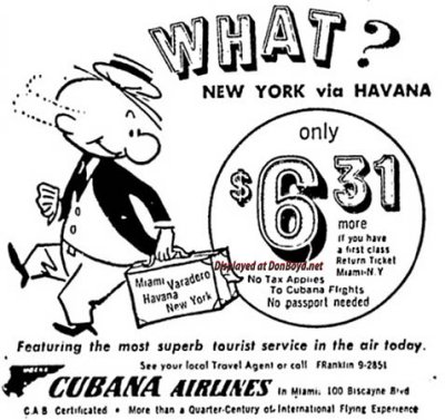 1957 - ad for Cubana Airlines with no tax and no passport needed