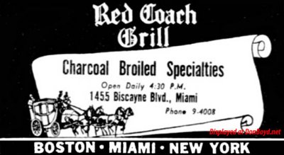 1953 - ad for the Red Coach Grill at 1455 Biscayne Boulevard, Miami photo -  Don Boyd photos at 