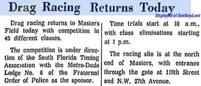 1963 - article about drag racing resuming at Masters Field