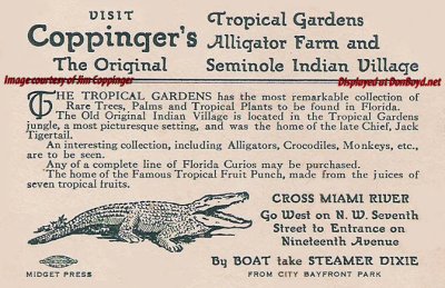 Information card for Coppinger's Tropical Gardens, Alligator Farm and Seminole Indian Village