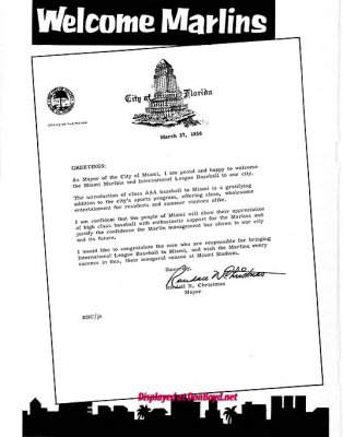 1956 - letter to Miami Marlins from Miami Mayor Randy Christmas about start of AAA baseball in Miami