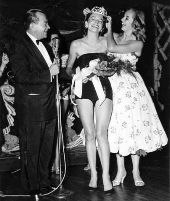1957 - Deanna Briggs being crowned as Miss Miami Beach 1957 by Marcia Valibus, Miss Miami Beach 1956